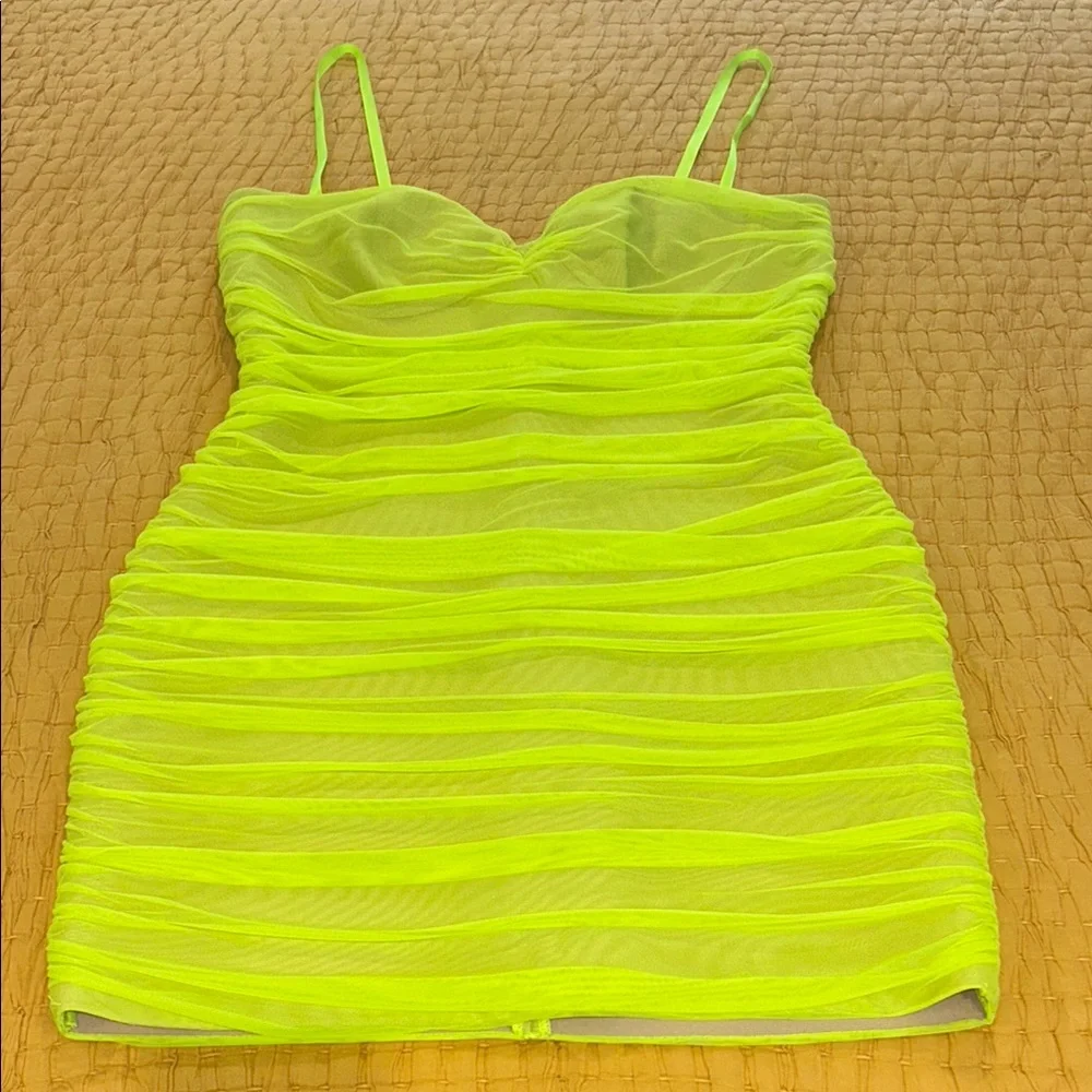 Neon Yellow Ruched Mini Dress - Picture 2 of 4